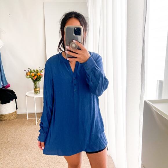 Soft Surroundings | Pemberlee Popover Tunic Blouse Hi-Low Blue | XS - Picture 5 of 9